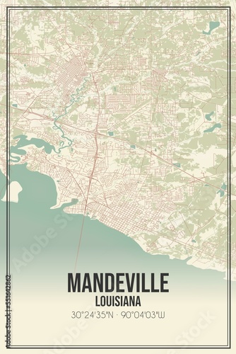Retro US city map of Mandeville, Louisiana. Vintage street map. photo
