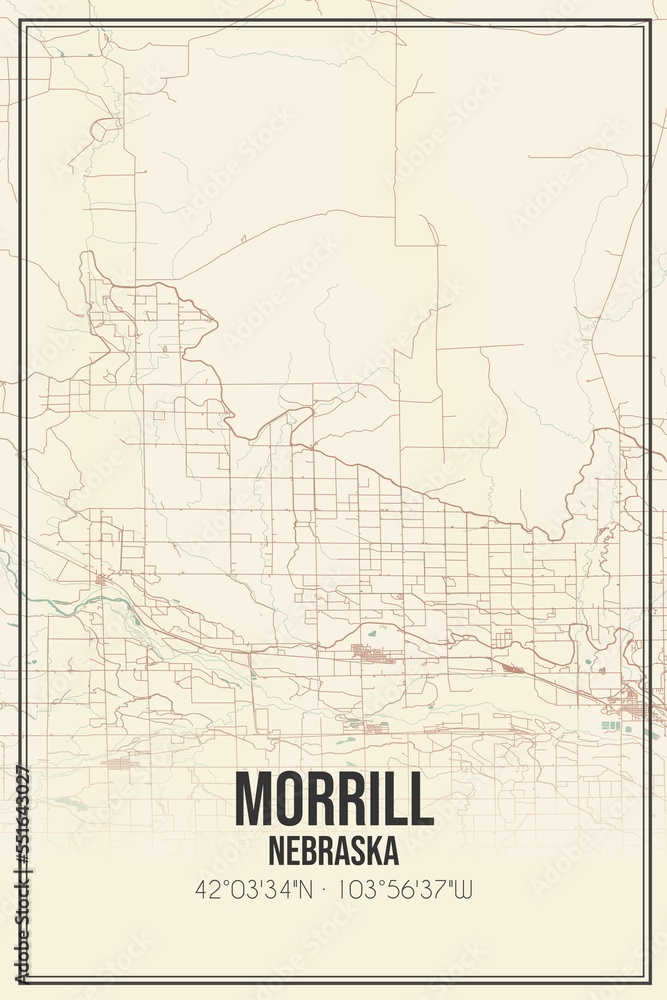 Retro US city map of Morrill, Nebraska. Vintage street map.