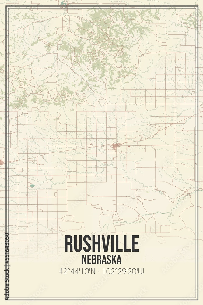 Retro US city map of Rushville, Nebraska. Vintage street map.