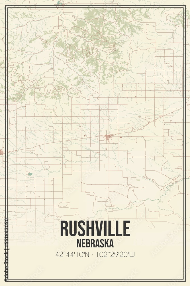 Fototapeta premium Retro US city map of Rushville, Nebraska. Vintage street map.