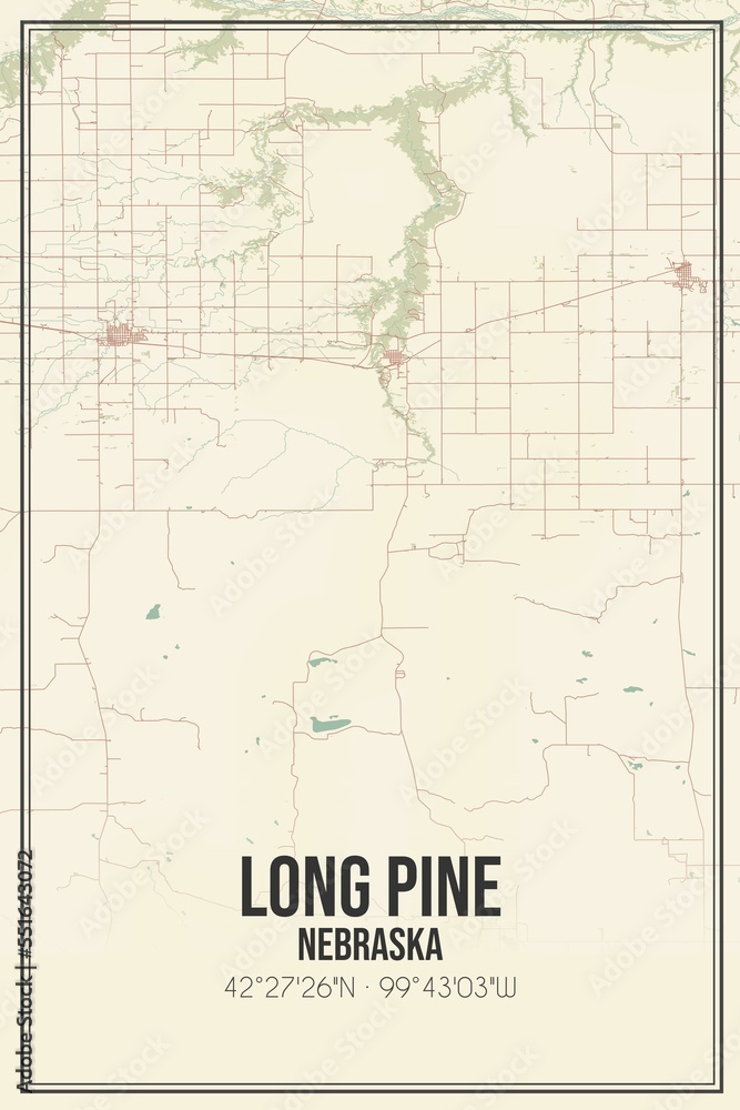 Retro US city map of Long Pine, Nebraska. Vintage street map.
