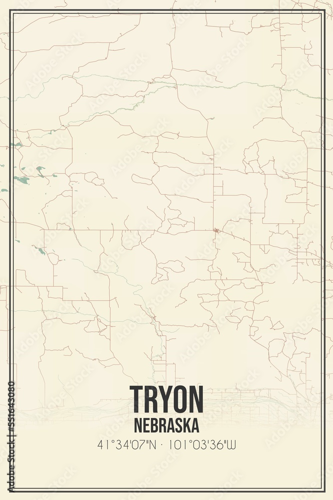 Fototapeta premium Retro US city map of Tryon, Nebraska. Vintage street map.