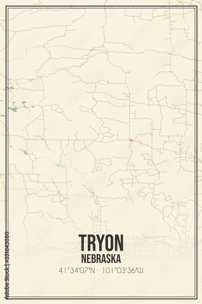Retro US city map of Tryon, Nebraska. Vintage street map.