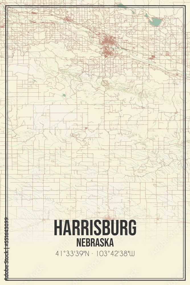 Retro US city map of Harrisburg, Nebraska. Vintage street map.