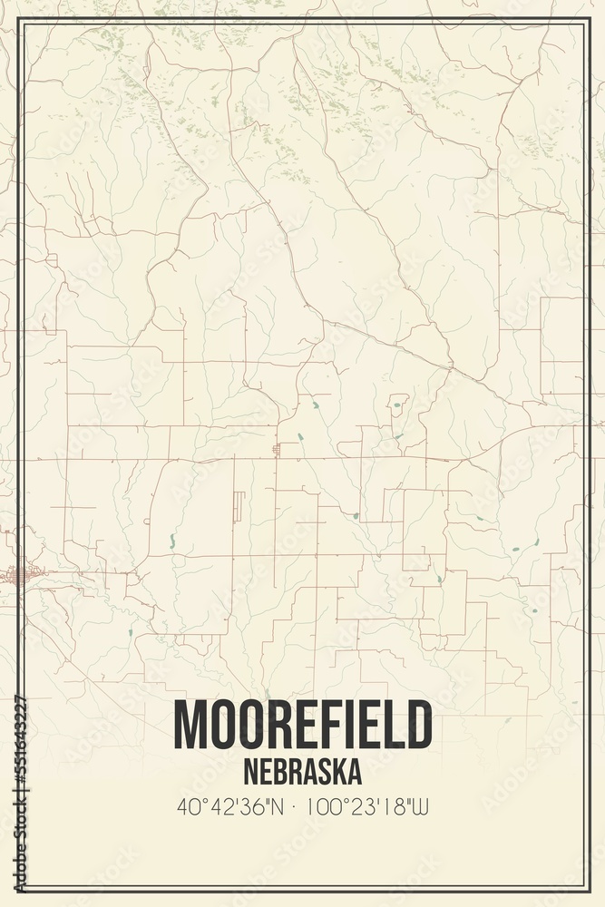 Retro US city map of Moorefield, Nebraska. Vintage street map.