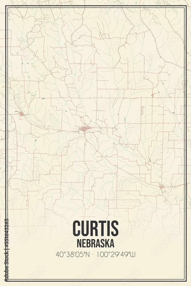 Retro US city map of Curtis, Nebraska. Vintage street map.