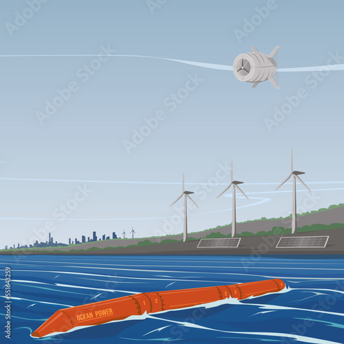 Concept illustration of technology for renewable energy. Presented are a wave power plant, a solar panel, a wind generator and a buoyant aircraft turbine. Panoramic view of the coast and cityscape. photo