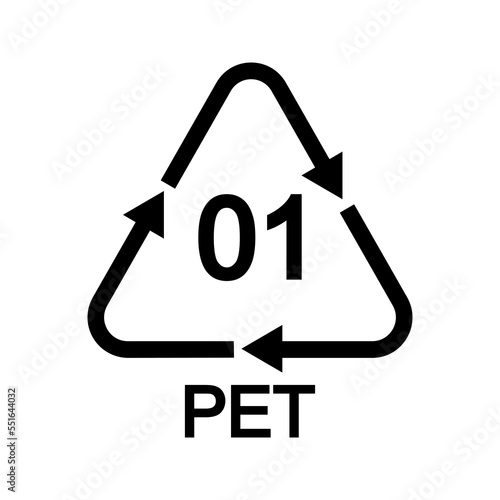 01 PET recycling sign in triangular shape with arrows. Polyethylene terephthalate reusable icon isolated on white background. Environmental protection concept