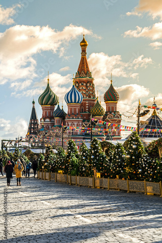 Christmas market in Red Square with St. Basil's Cathedral in the background. Moscow, Russia.