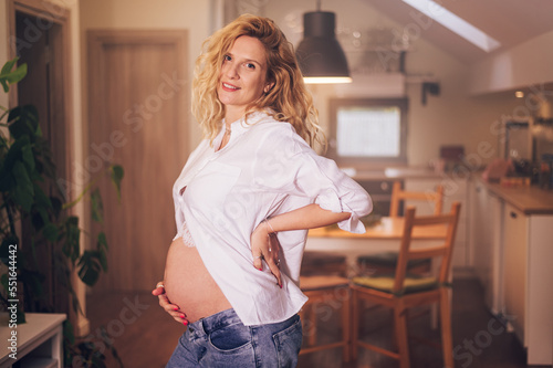 Portrait of pregnant woman standing at home holding hands on her belly