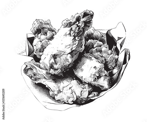 Fried chicken hand drawn engraving sketch Restaurant business concept Vector illustration