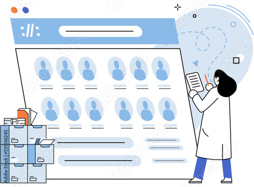 HR department work scenes set, qualified employee responsible for formation of human resources in organization. Specialist engaged in selection, adaptation, dismissal, development of personnel
