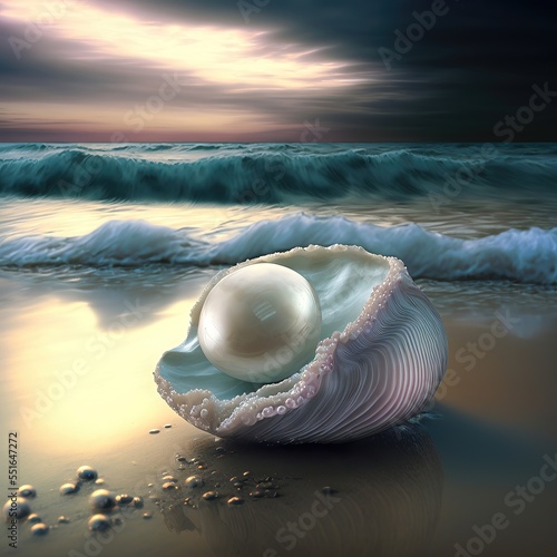 Fantasy seascape, seashell with pearls on the ocean, waves, sea foam, sunset. AI
