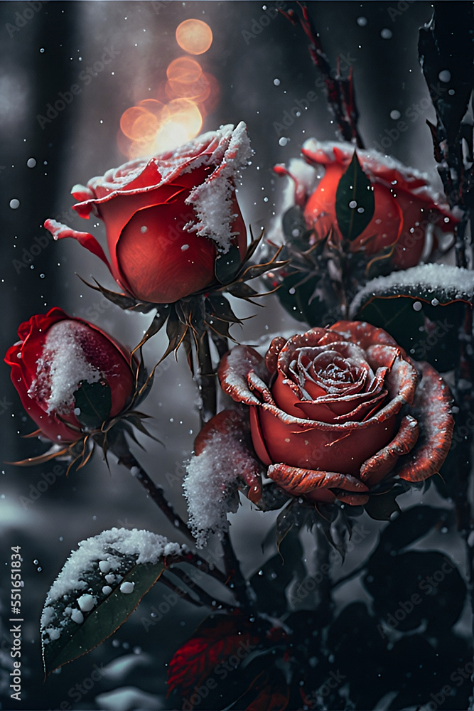 Red roses in the snow in the garden Red roses in the snow in the garden