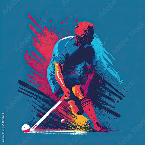 Field hockey player hitting ball, Hockey player field, sport concept with motion and paint splatter concept illustration photo