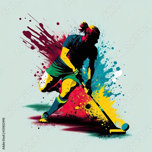 Field hockey player hitting ball, Hockey player field, sport concept with motion and paint splatter concept illustration photo