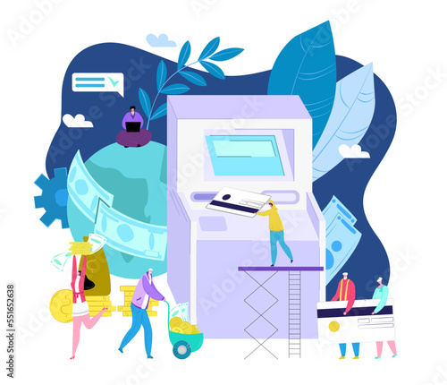 ATM bank payment concept, isolated vector illustration. ATM machine with tiny people, credit card, currency cash money. Automatic technology.