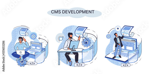 Digital content management system, CMS development software metaphor. Information system or computer program enable organize collaborative process of creating, editing and managing soft in network