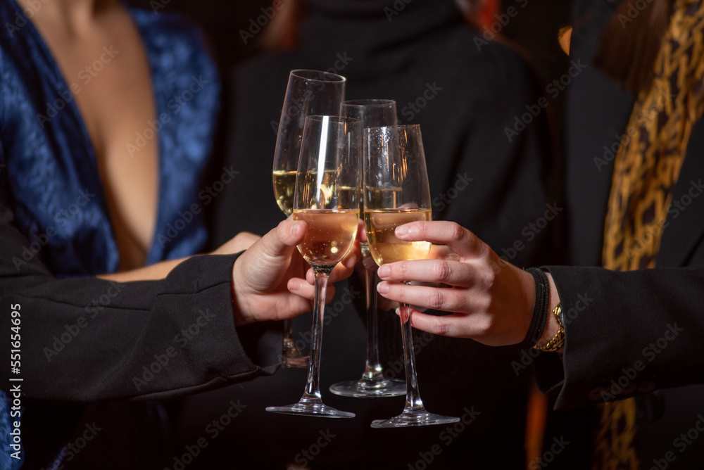 detail of hands toasting with glasses of champagne, hands of girls in elegant dresses detail of hands toasting with glasses of champagne, hands of girls in elegant dresses