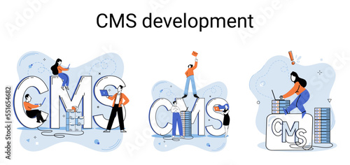 Digital content management system, CMS development software metaphor. Information system or computer program enable organize collaborative process of creating, editing and managing soft in network