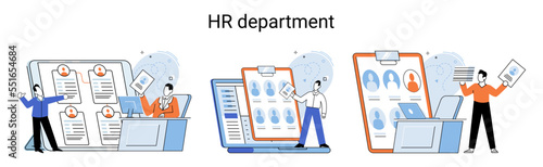 HR department, headhunter job, selection interview scenes set. Employer selects applicant candidates for work or study. Specialist engaged in selection, adaptation, dismissal, development of personnel