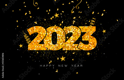 Happy New Year 2023 Illustration with Gold Number and Falling Confetti on Dark Background. Vector Christmas Holiday Season Design for Flyer, Greeting Card, Banner, Celebration Poster, Party Invitation