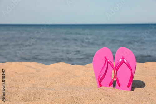 Stylish pink slippers on sand near sea, space for text. Beach accessory