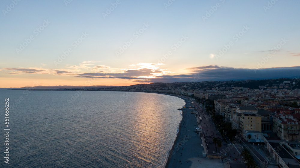 Nice, France Aerial view of coast of sea and city.  Buildings in old Town , Drone view 