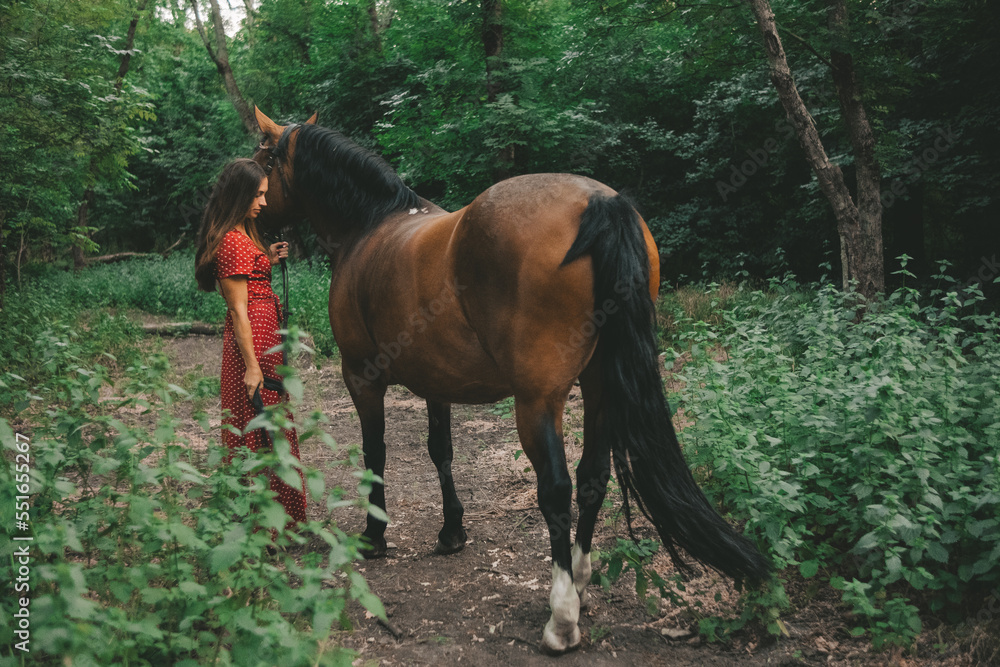 portrait of a beautiful long-haired girl in a red dress and a horse in a grove, portrait of a beautiful long-haired girl in a red dress and a horse in a grove,
