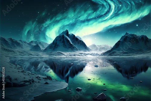 Northern lights view over icy mountains and snow, arctic lake in the middle, winter season, digital illustration