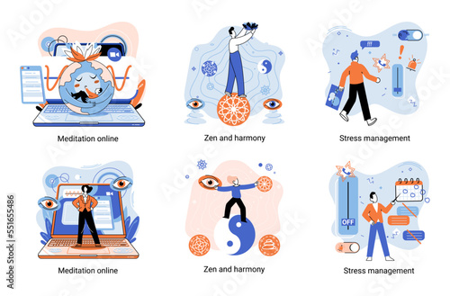 Meditation online. Self-management, self regulation learning, self-organization course, control over emotions metaphor Online yoga at home meditating. Deals with stress management, zen and harmony