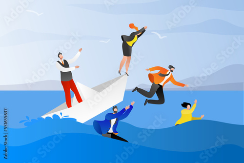 Business problem flood ship, problems at work career and financial crisis concept, vector illustration. Company and business to survive, businessman falling.