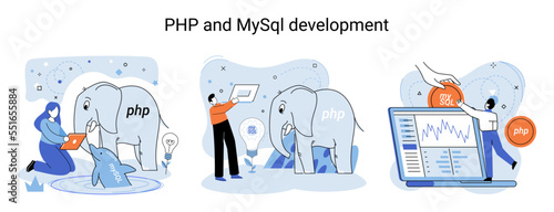 PHP and MySql development metaphor. Software website developer with computer, programmer service, open source general purpose programming language. Scripting web applications allows to create programs