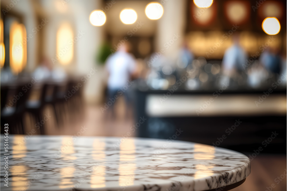 Marble table top and blurred restaurant interior background, used for display or montage products Marble table top and blurred restaurant interior background, used for display or montage products