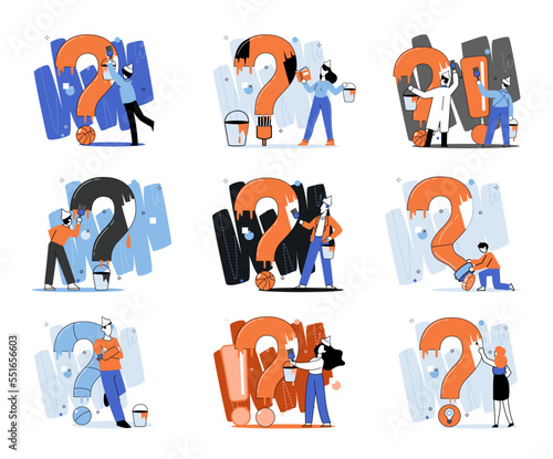 Question mark, obtaining information of interest. Problem and solution concept metaphor. FAQ help. Decision of information task, ask questions and receive answers, paint ladge sign decision of doubts
