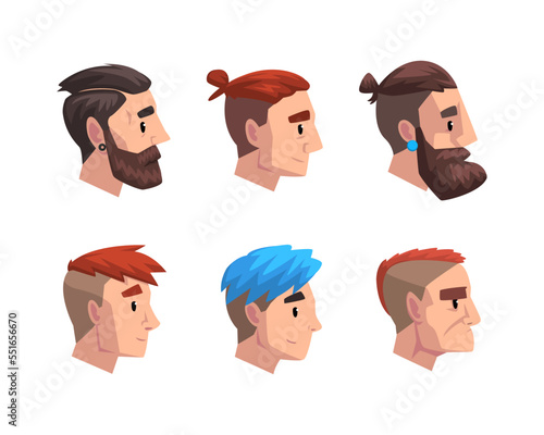 Profile Portrait or Head of Man Character with Modern Hipster Hairstyle Vector Set