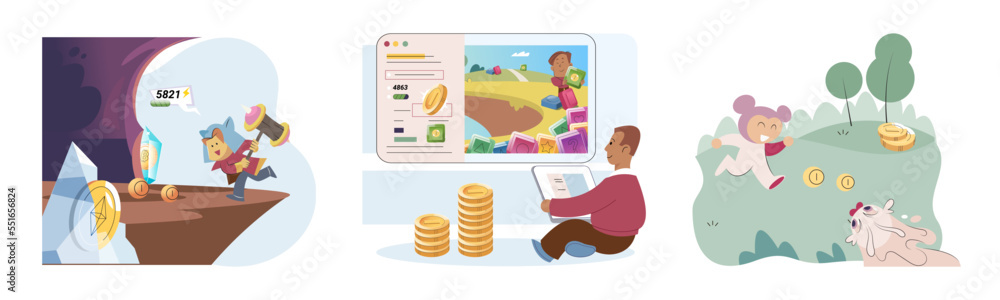 Naklejka premium Play to earn games created on basis of blockchain project with elements of NFT, main purpose of earning. Player earn money by playing. Virtual character development business. Cryptocurrency game.