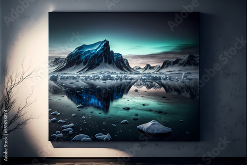 Painting on a wall, Northern lights view over icy mountains and snow, arctic lake in the middle, winter season, digital illustration