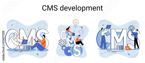 Digital content management system, CMS development software metaphor. Information system or computer program enable organize collaborative process of creating, editing and managing soft in network