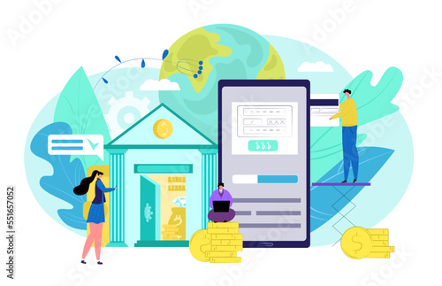 Mobile banking app concept of smartphone and online bank vector illustration. Customers and atm technology, finance, money device payment.
