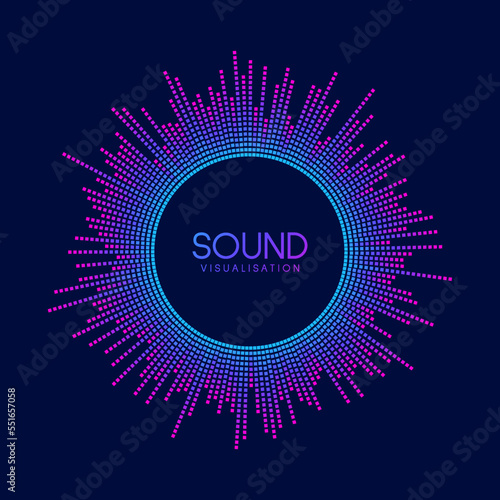 Circle sound wave visualisation. Pixel music player equaliser. Radial audio signal or vibration element. Voice recognition. Epicentre, target, radar, radio icon concept.