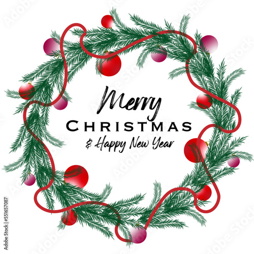 Мerry Christmas and Happy New Year card with christmas wreath