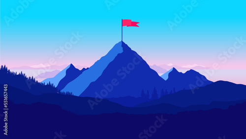 Mountaintop with flag vector illustration - Mountain range in blue landscape with waving flag on top and blue sky. Motivational concept