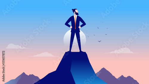 Successful businessman - Man standing on mountaintop in front of sunrise, being proud of business and career accomplishments. Vector illustration
