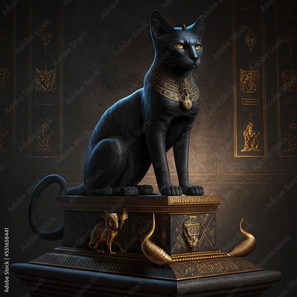 Ancient Egyptian black cat with golden ornaments. Statuette in black