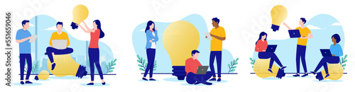 Business idea collection - Set of vector  illustrations with people brainstorming and coming up with new ideas in office. Flat design with white background