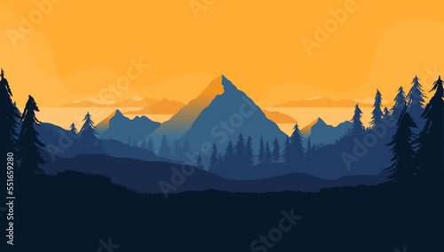 Landscape - Flat design vector illustration of nature with forest mountain and sun with orange sky and a calm tranquil mood