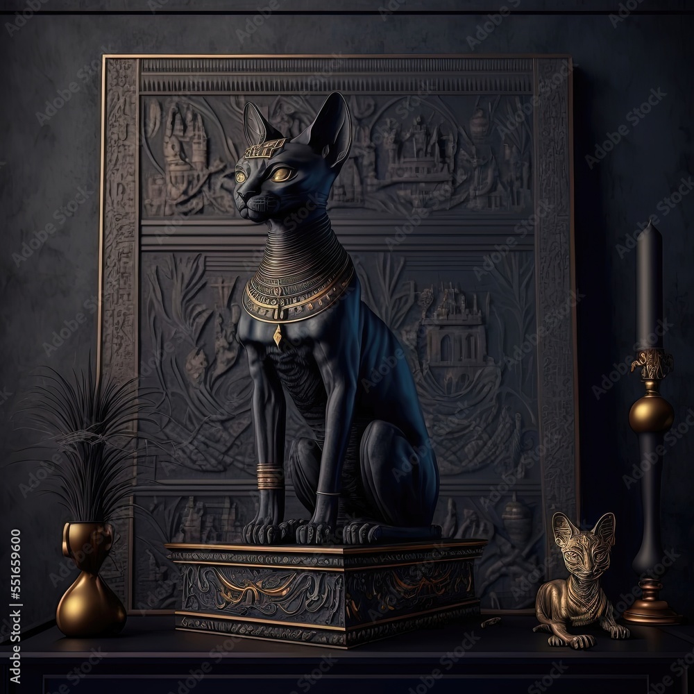 Ancient Egyptian black cat with golden ornaments. Statuette in black