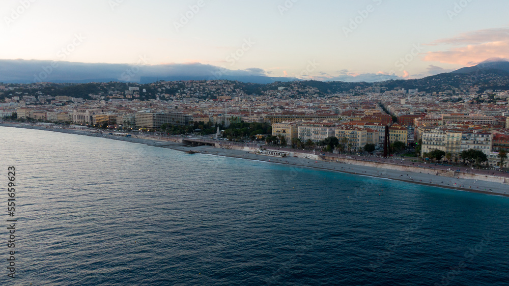 Fototapeta premium Nice, France Aerial view of coast of sea and city. Buildings in old Town , Drone view 