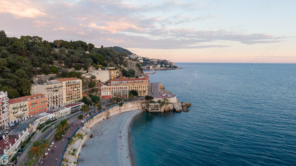 Nice, France Aerial view of coast of sea and city.  Buildings in old Town , Drone view 